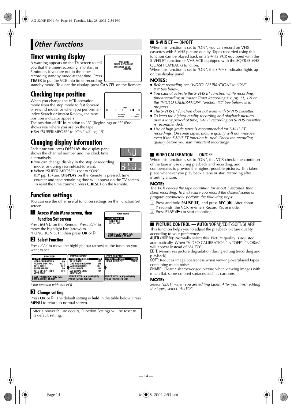 Other functions, Timer warning display, Checking tape position | Changing display information, Function settings, Access main menu screen, then function set screen, Select function, Change setting | Panasonic AG-3200P User Manual | Page 14 / 24