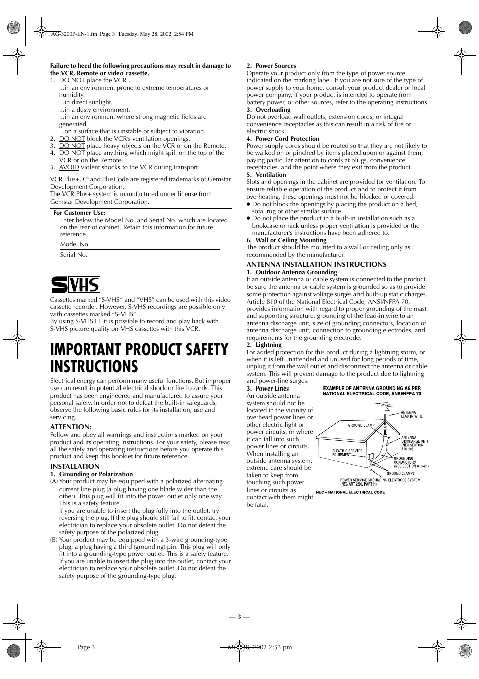 Important product safety instructions | Panasonic AG-3200P User Manual | Page 3 / 24