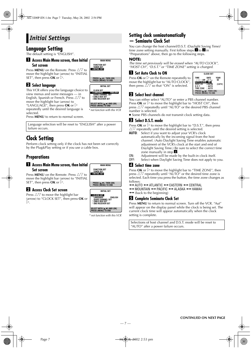 Initial settings, Language setting, Clock setting | Preparations a, Access main menu screen, then initial set screen, Select language, Access clock set screen, Set auto clock to on, Select host channel, Select d.s.t. mode | Panasonic AG-3200P User Manual | Page 7 / 24