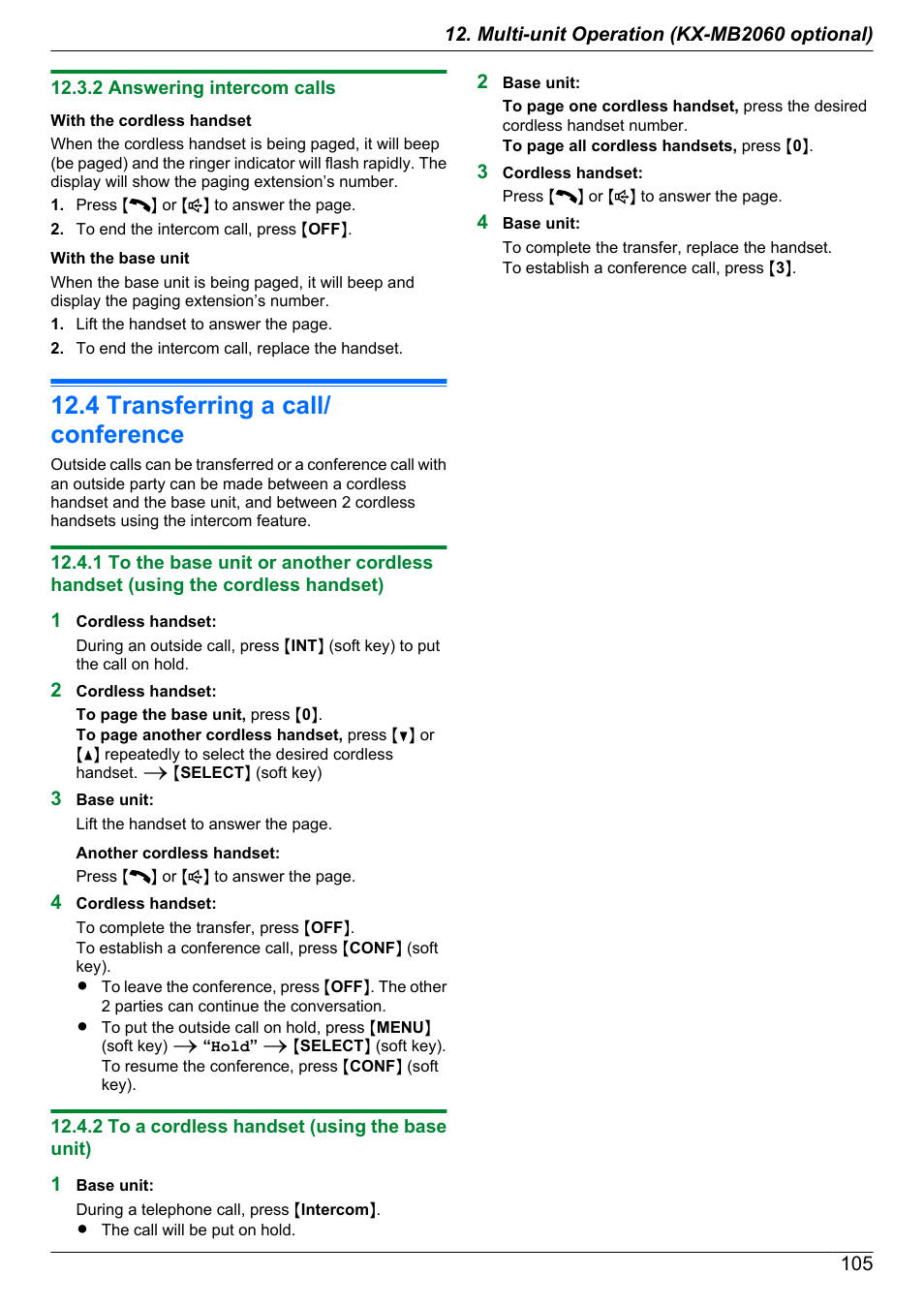 2 answering intercom calls, 4 transferring a call/conference, 2 to a cordless handset (using the base unit) | Transferring a call/conference, 4 transferring a call/ conference | Panasonic KX-MB2060 User Manual | Page 105 / 160