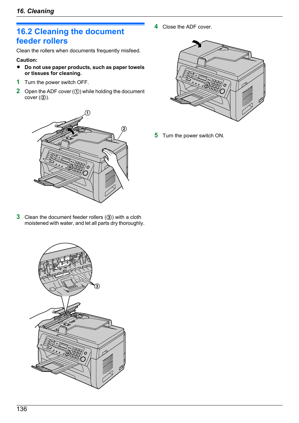 2 cleaning the document feeder rollers, Cleaning the document feeder, Rollers | Panasonic KX-MB2060 User Manual | Page 136 / 160