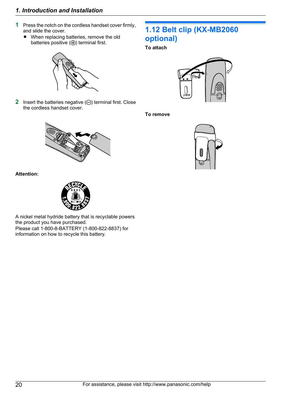 12 belt clip (kx-mb2060 optional), Belt clip (kx-mb2060 optional) | Panasonic KX-MB2060 User Manual | Page 20 / 160