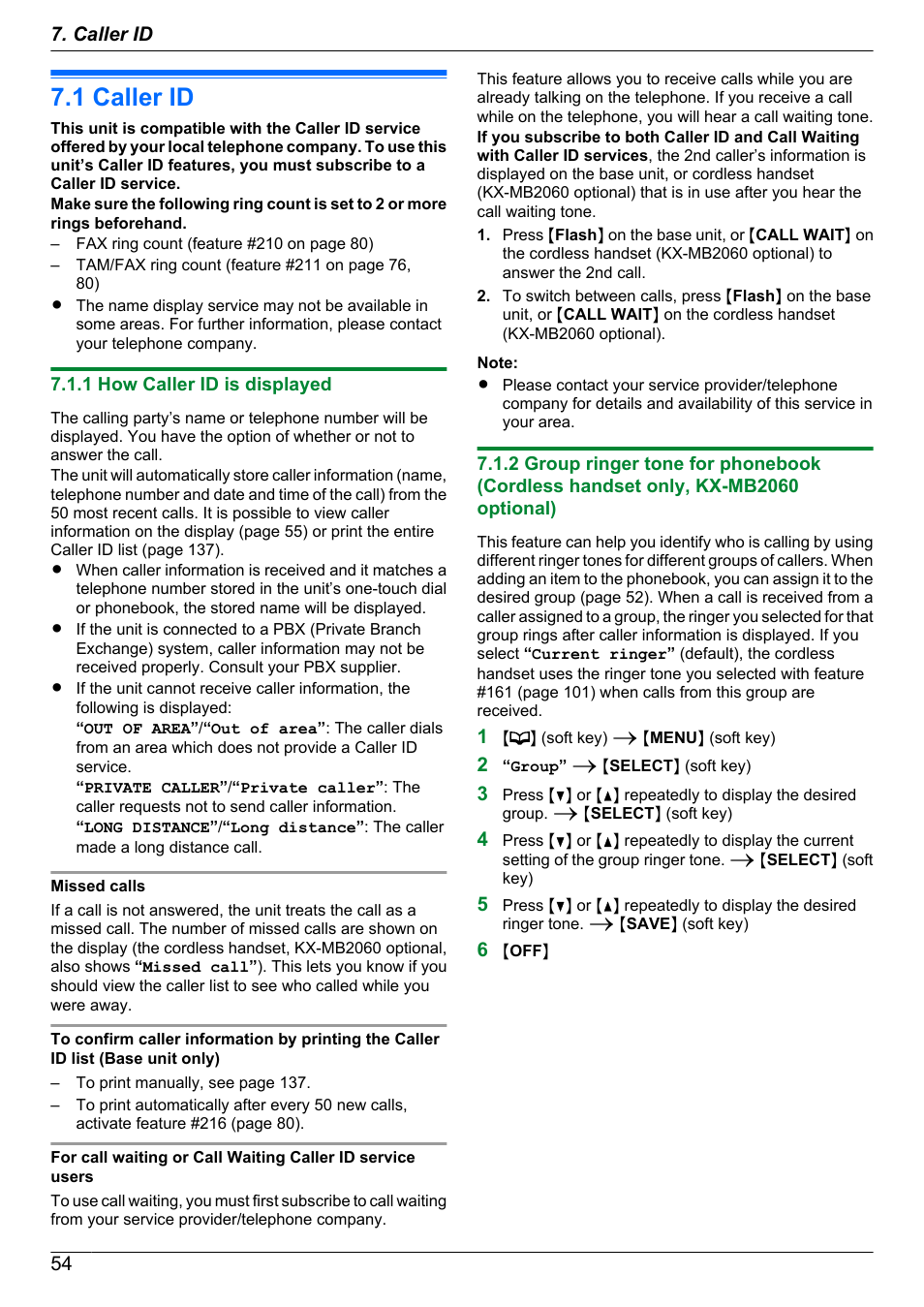 Caller id, 1 caller id, 1 how caller id is displayed | Panasonic KX-MB2060 User Manual | Page 54 / 160
