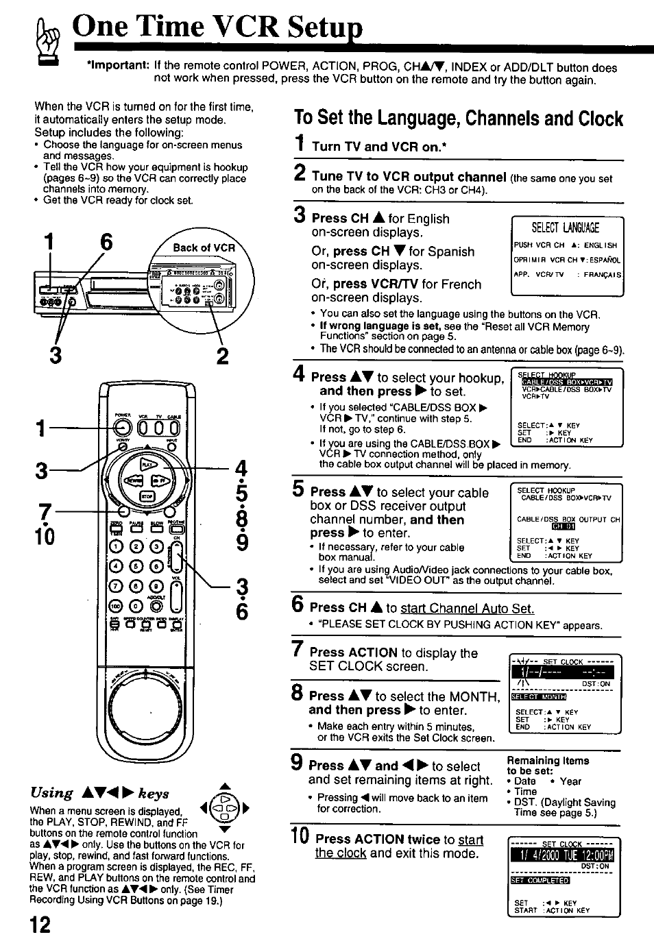 One time v cr setup, To set the language, channels and clock, 1 turn tv and vcr on | Using awm, Keys, 12 to set the language, channels and clock | Panasonic OMNIVISION PV-8660 User Manual | Page 12 / 40