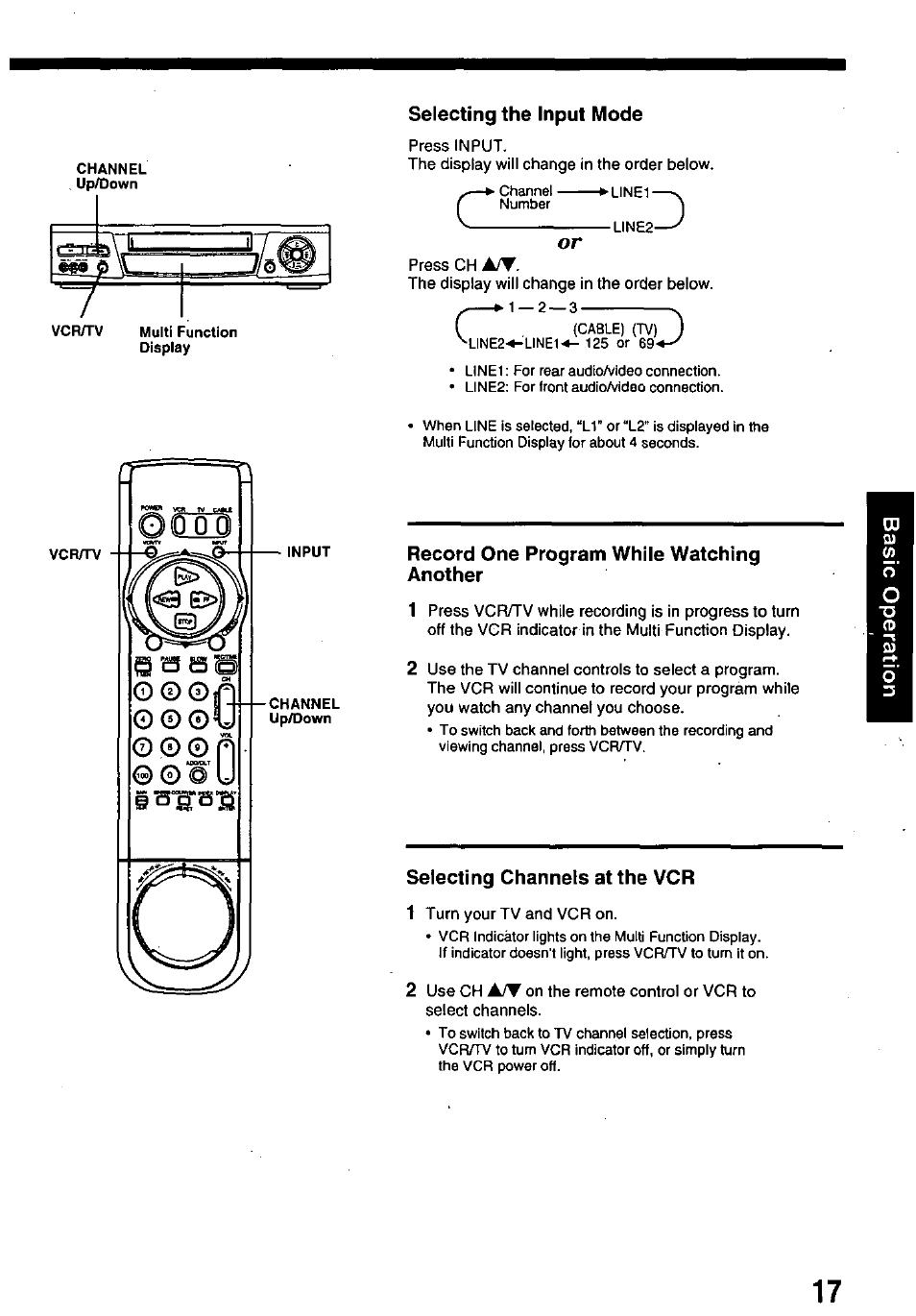 Selecting the input mode, Record one program while watching another, Selecting channels at the vcr | Panasonic OMNIVISION PV-8660 User Manual | Page 17 / 40