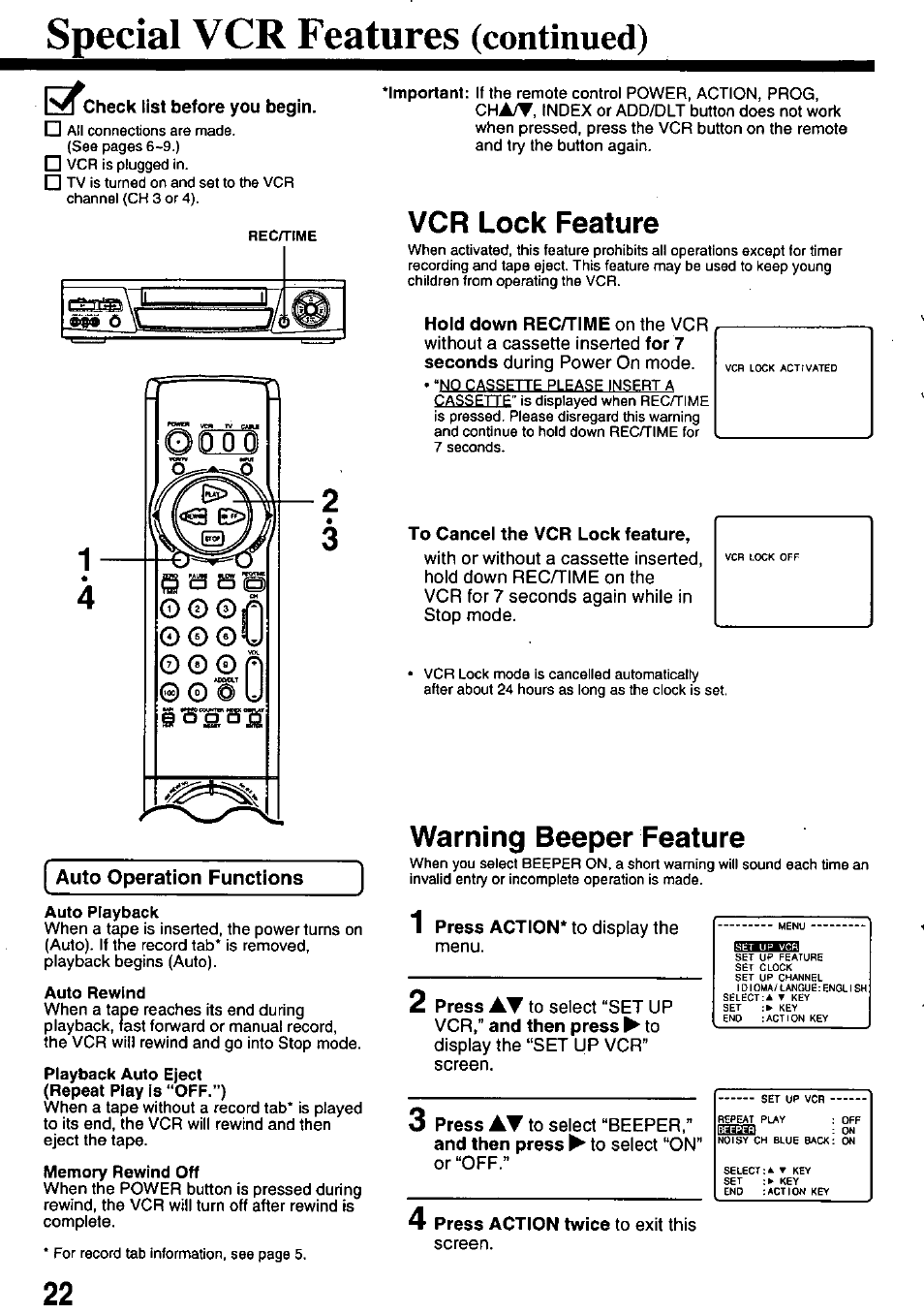 Special vcr features (continued), Check list before you begin, Auto operation functions | Vcr lock feature, Hold down rec/time on the vcr, To cancel the vcr lock feature, Warning beeper feature, Special, Features, Continued) | Panasonic OMNIVISION PV-8660 User Manual | Page 22 / 40