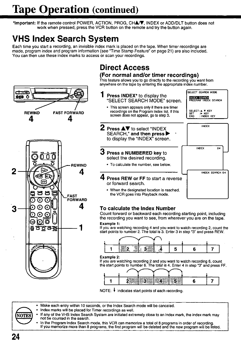 T^p^operauoir(cor, Vms index search system, Direct access | For normal and/or timer recordings), Search,” and then press, 3 press a numbered key to, To calculate the index number | Panasonic OMNIVISION PV-8660 User Manual | Page 24 / 40