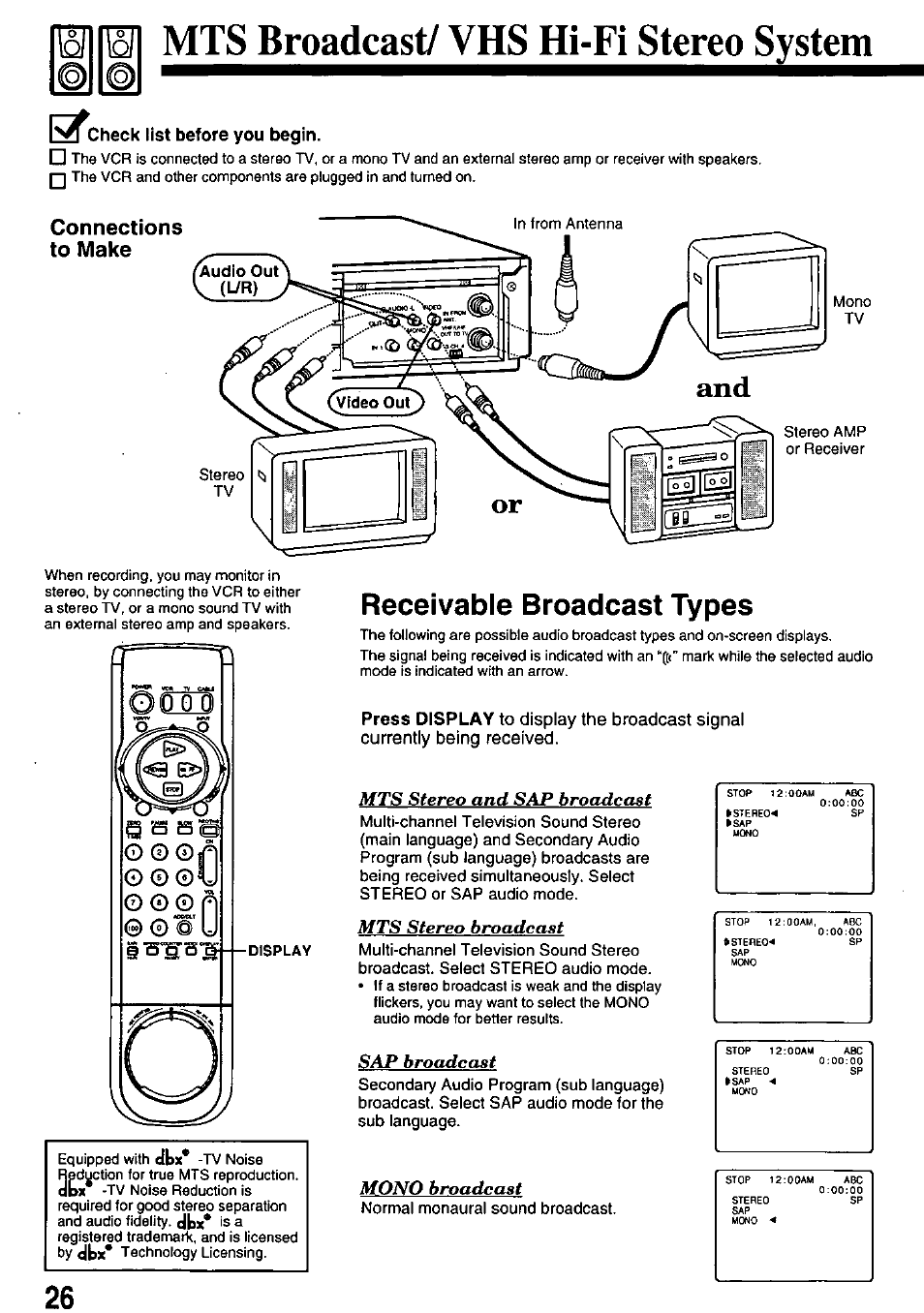 Fwl mts broadcast/ vhs hi-fi stereo system, Check list before you begin, Connections to make | Receivable broadcast types, Mts stereo and sap broadcast, Mts stereo broadcast, Sap broadcast, Mono broadcast | Panasonic OMNIVISION PV-8660 User Manual | Page 26 / 40