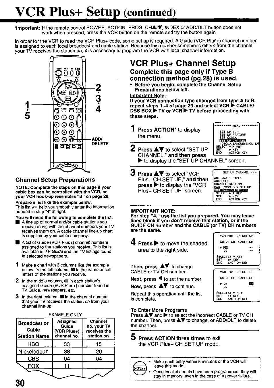 Vcr plus+ setup (continued), Channel setup preparations, Vcr plus+ channel setup | Шгов, Plus+ setup, Continued) | Panasonic OMNIVISION PV-8660 User Manual | Page 30 / 40