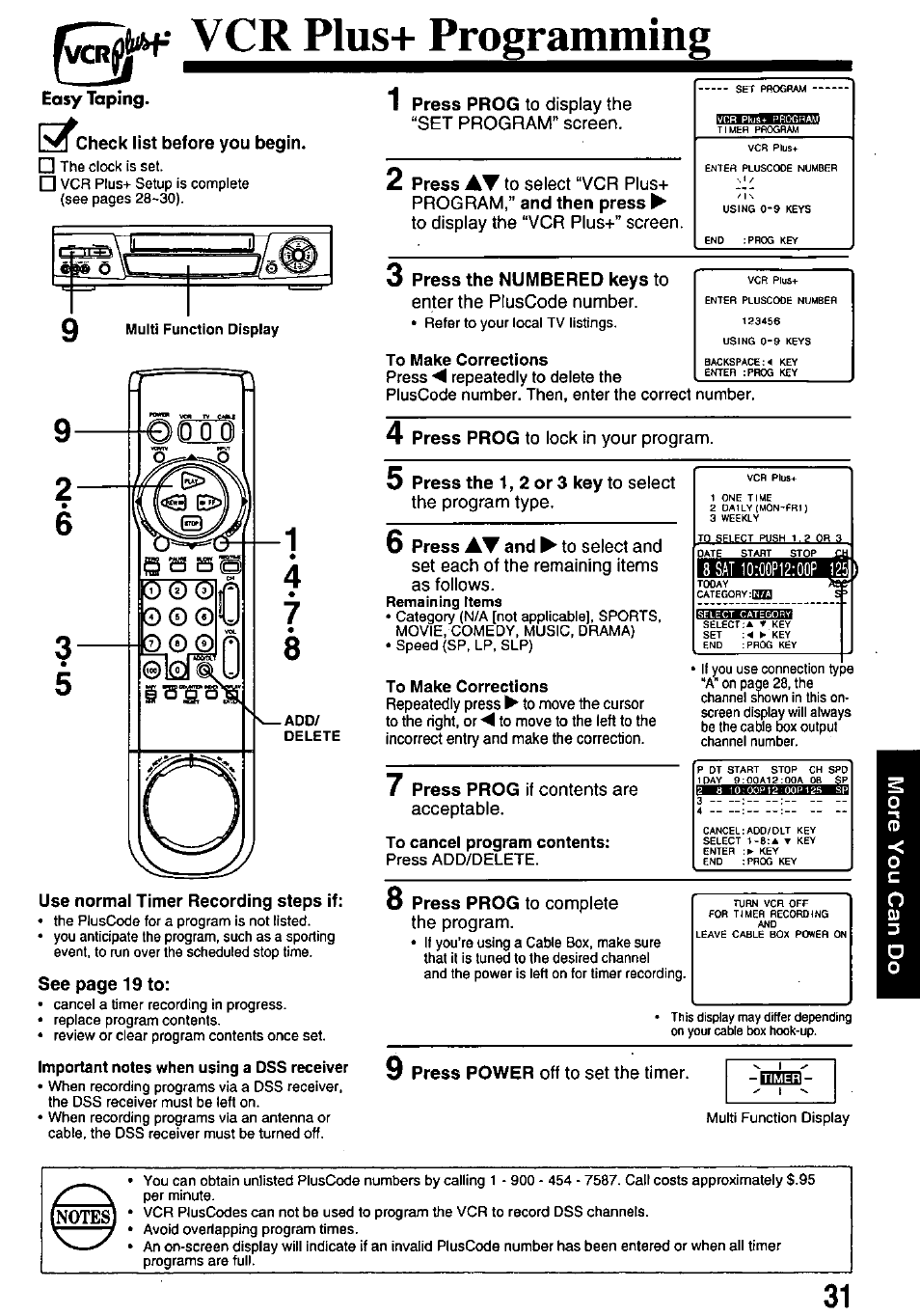 Easy taping, Vcr plus+ programming, Check list before you begin | Use normal timer recording steps if, 3 press the numbered keys to | Panasonic OMNIVISION PV-8660 User Manual | Page 31 / 40