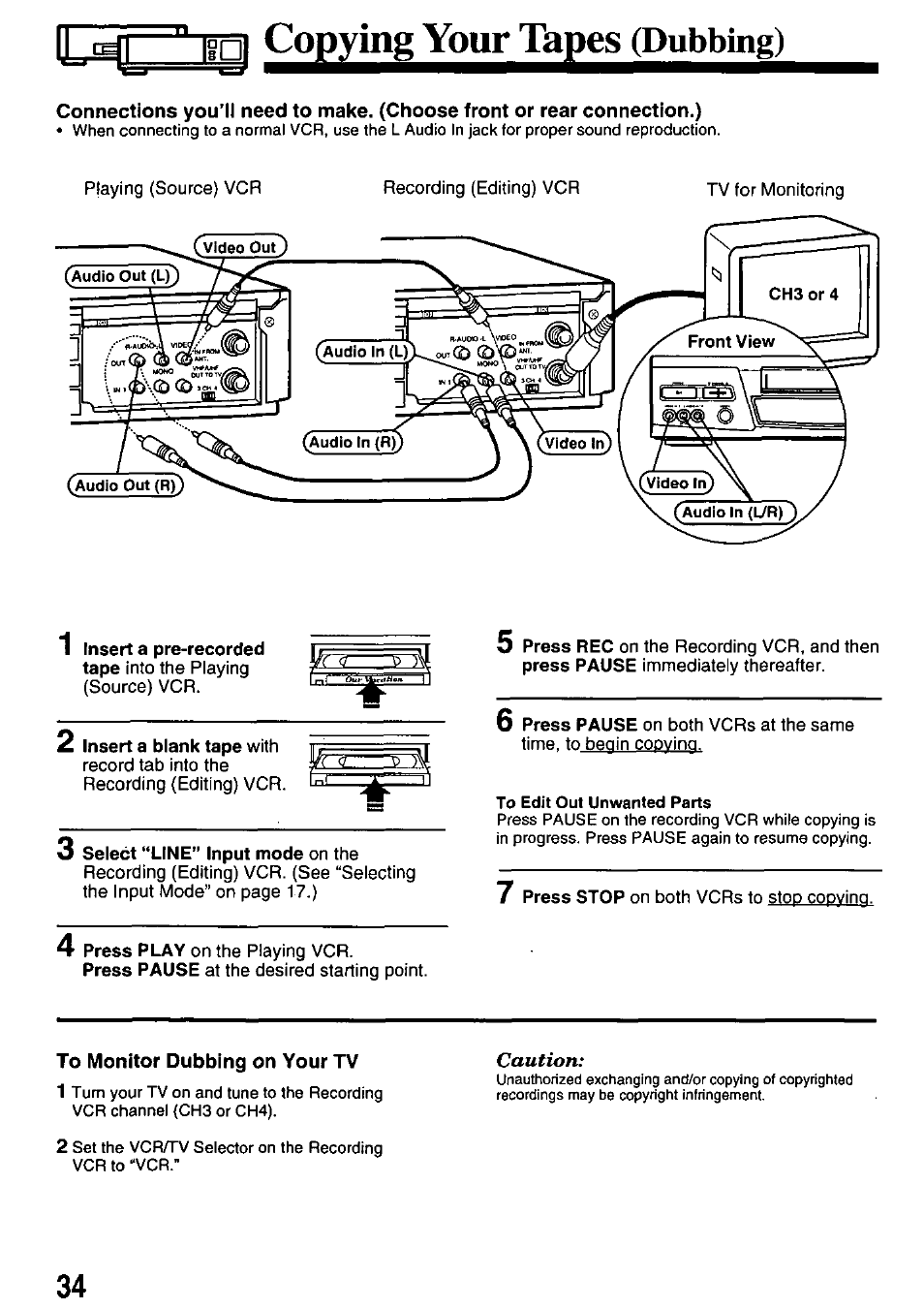 3 select “line" input mode on the, To monitor dubbing on your tv, Cog2jng^j^21ìlj^ese2ilbsìiìsl | Panasonic OMNIVISION PV-8660 User Manual | Page 34 / 40