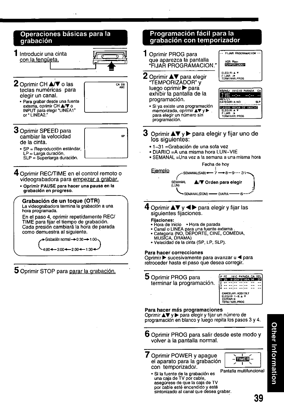 Operaciones básicas para la grabación, Grabación de un toque (otr) | Panasonic OMNIVISION PV-8660 User Manual | Page 39 / 40