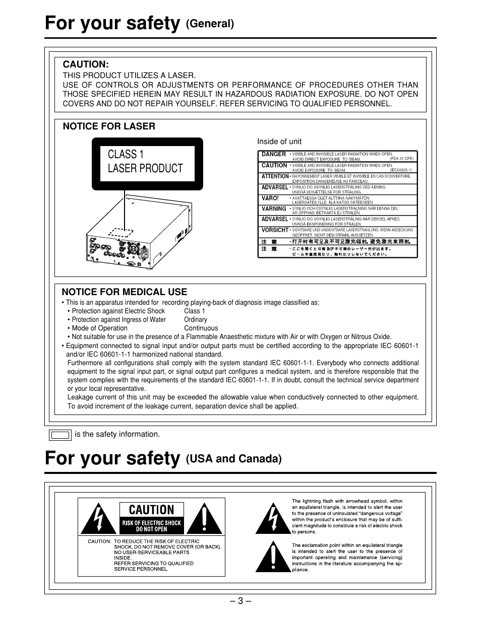 For your safety (general), For your safety (usa and canada), For your safety | Class 1 laser product | Panasonic LQ-MD800P User Manual | Page 3 / 44