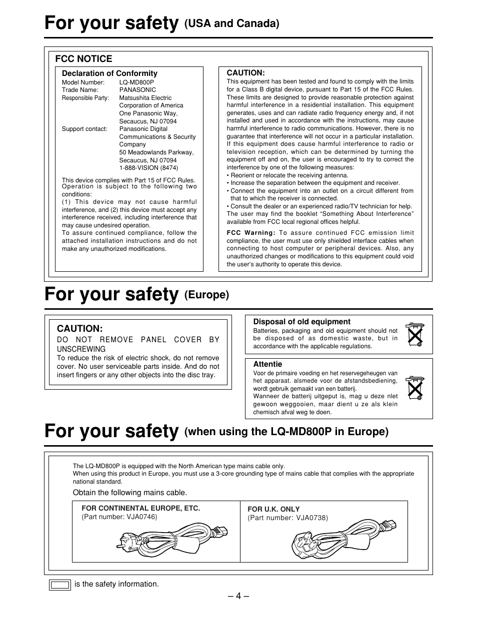 For your safety (usa and canada), For your safety (europe), For your safety | Usa and canada), When using the lq-md800p in europe), Europe) | Panasonic LQ-MD800P User Manual | Page 4 / 44