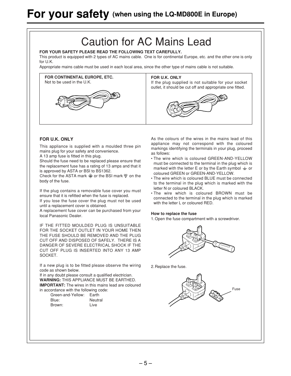 For your safety, Caution for ac mains lead, When using the lq-md800e in europe) | Panasonic LQ-MD800P User Manual | Page 5 / 44