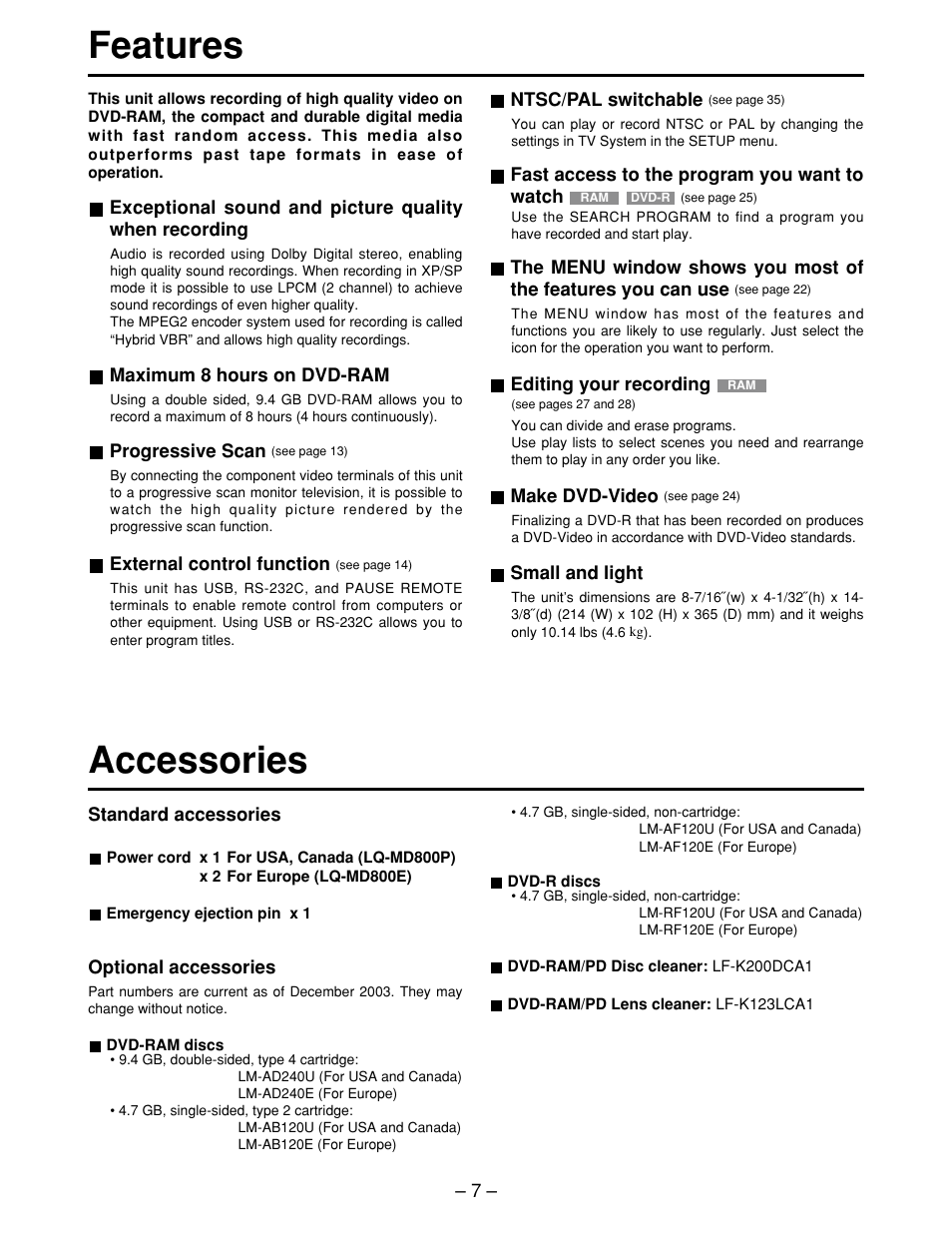 Features, Accessories, Features accessories | Panasonic LQ-MD800P User Manual | Page 7 / 44