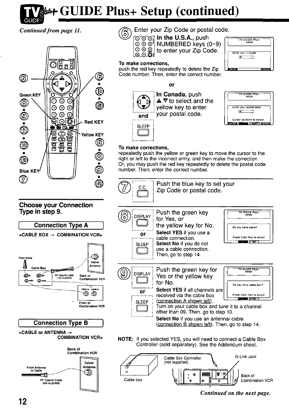 Choose your connection type in step 9, Connection type a, Connection type b | To make corrections, N- guide plus+ setup (continued), And in canada | Panasonic OMNIVISION PV-M2057 User Manual | Page 12 / 48