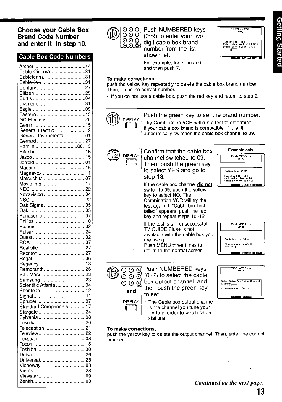 To make corrections, Cable box code numbers | Panasonic OMNIVISION PV-M2057 User Manual | Page 13 / 48