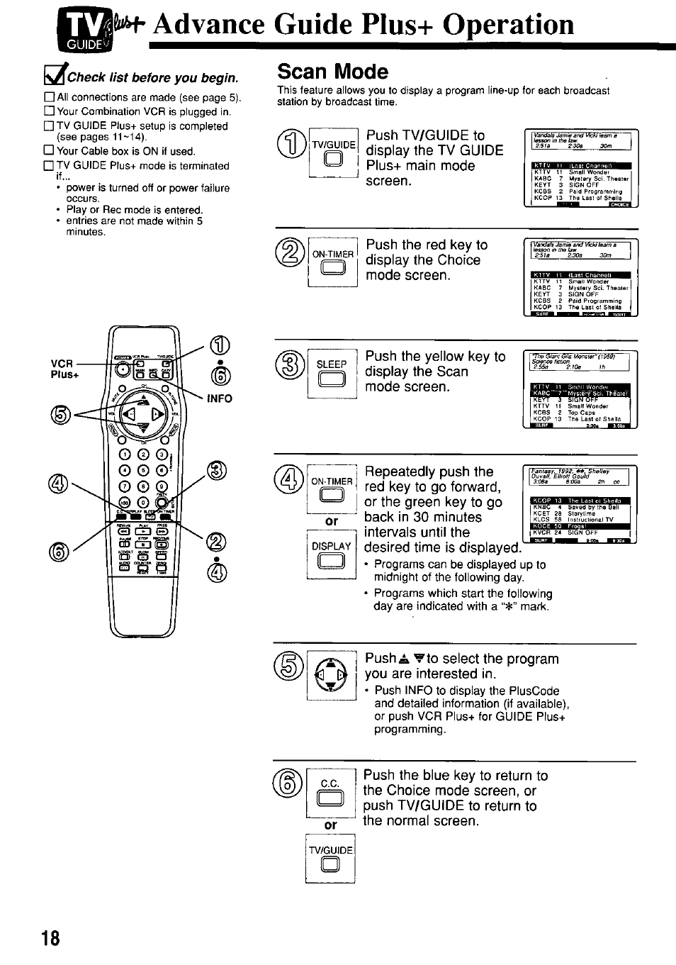 Acheck list before you begin, Scan mode, 6«h* advance guide plus+ operation | Panasonic OMNIVISION PV-M2057 User Manual | Page 18 / 48