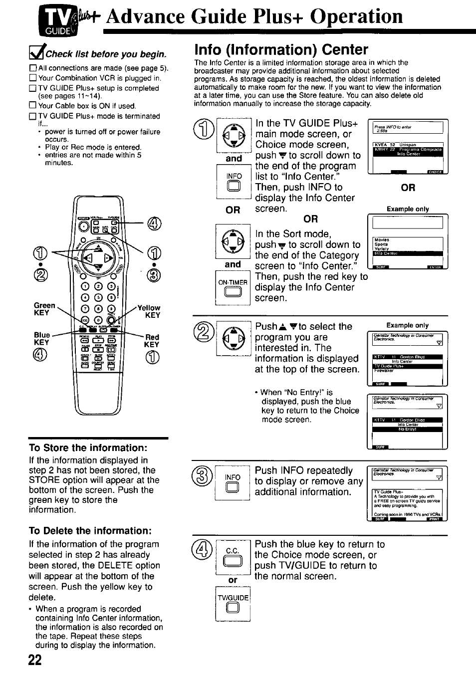 Acheck list before you begin, To store the information, To delete the information | Info (information) center, И- advance guide plus+ operation | Panasonic OMNIVISION PV-M2057 User Manual | Page 22 / 48