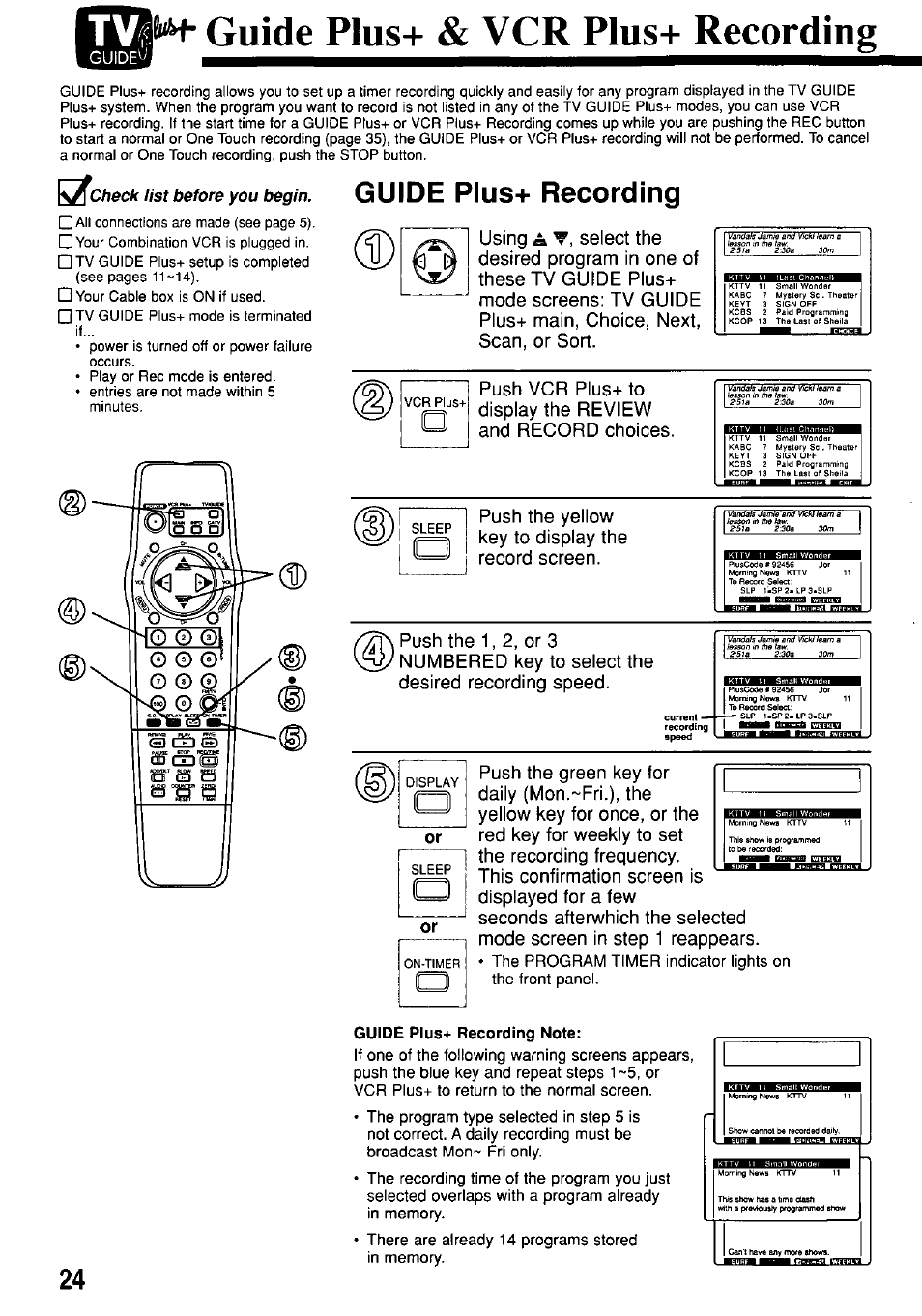 Guide plus+ & vcr plus+ recording, Guide plus+ recording, Guide plus-«- recording note | Acheck list before you begin | Panasonic OMNIVISION PV-M2057 User Manual | Page 24 / 48