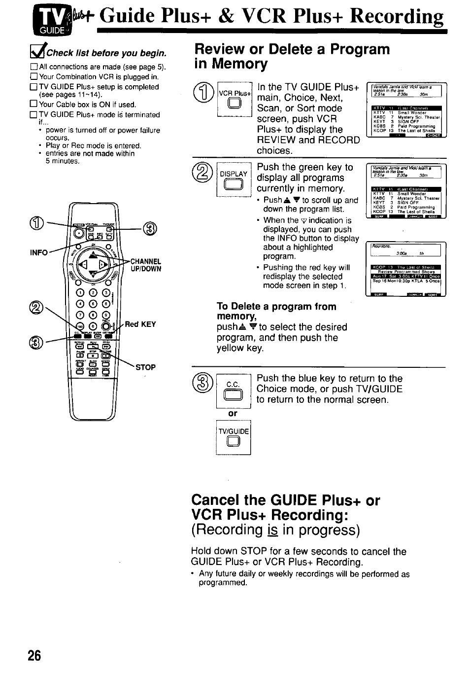 Fnh- guide plus+ & vcr plus+ recording, Review or delete a program in memory, Xcheck list before you begin | To delete a program from memory, Cancel the guide plus+ or vcr plus+ recording, Guide plus+ & vcr plus+ recording, Recording i§ in progress) | Panasonic OMNIVISION PV-M2057 User Manual | Page 26 / 48