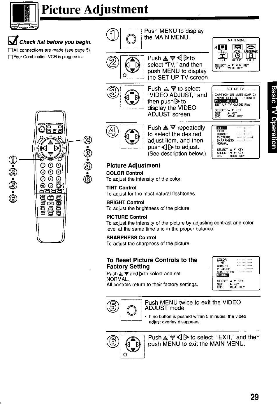 Picture adjustment, Kx check list before you begin, Check list before you begin | Panasonic OMNIVISION PV-M2057 User Manual | Page 29 / 48