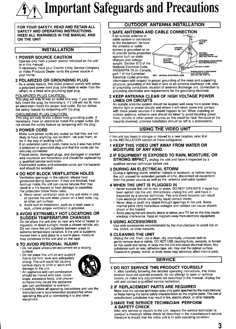 1 power source caution, 2 polarized or grounding plug, 3 power cord | 4 do not block ventilation holes, 6 to avoid personal injury, 1 safe antenna and cable connection, 3 during an electrical storm, 4 when the unit is plugged in, 5 using accessories, 6 cleaning the unit | Panasonic OMNIVISION PV-M2057 User Manual | Page 3 / 48