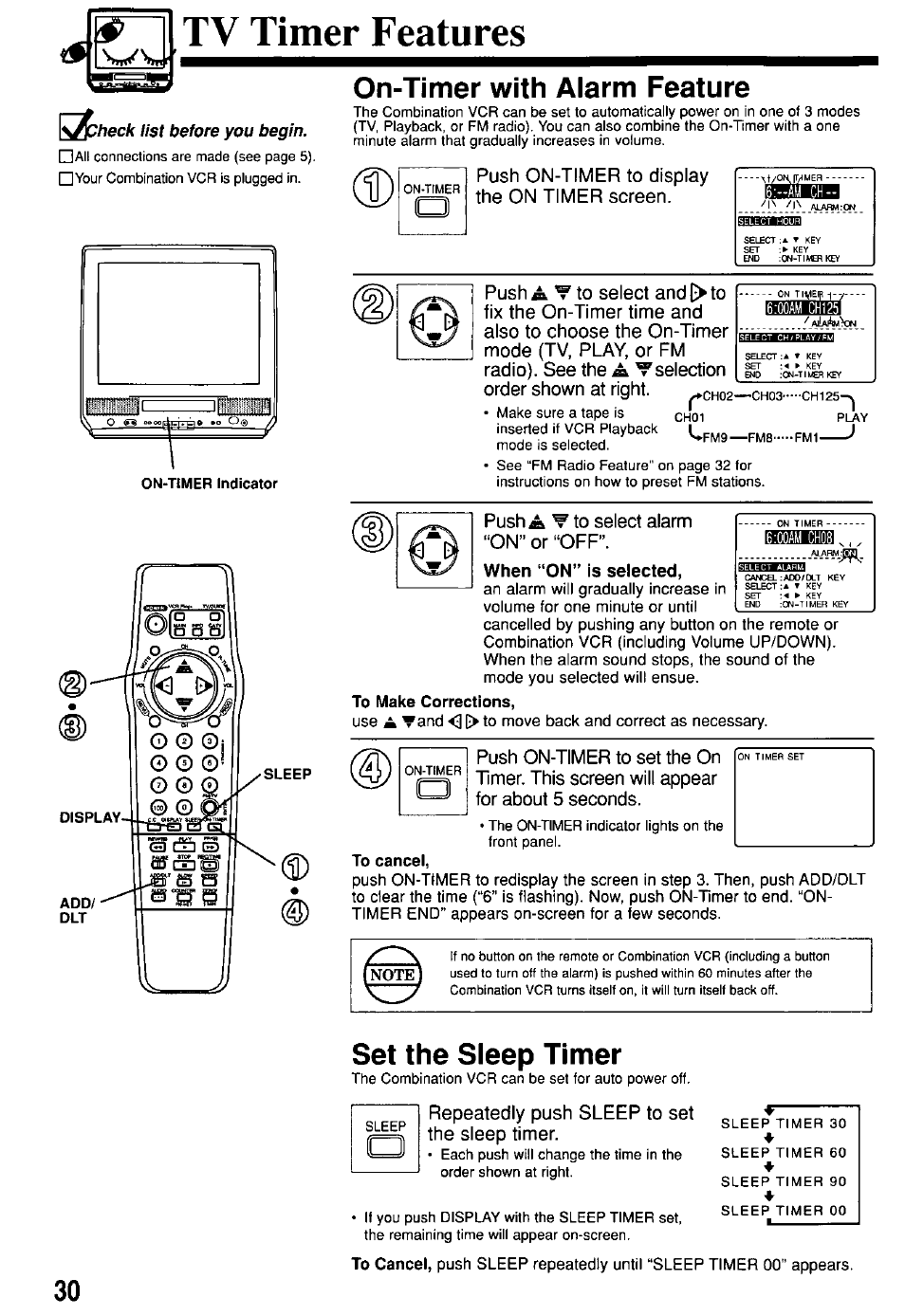 Tv timer features, Heck list before you beg'm, On-timer with alarm feature | When “on’’ is selected, To make corrections, To cancel, Set the sleep timer | Panasonic OMNIVISION PV-M2057 User Manual | Page 30 / 48