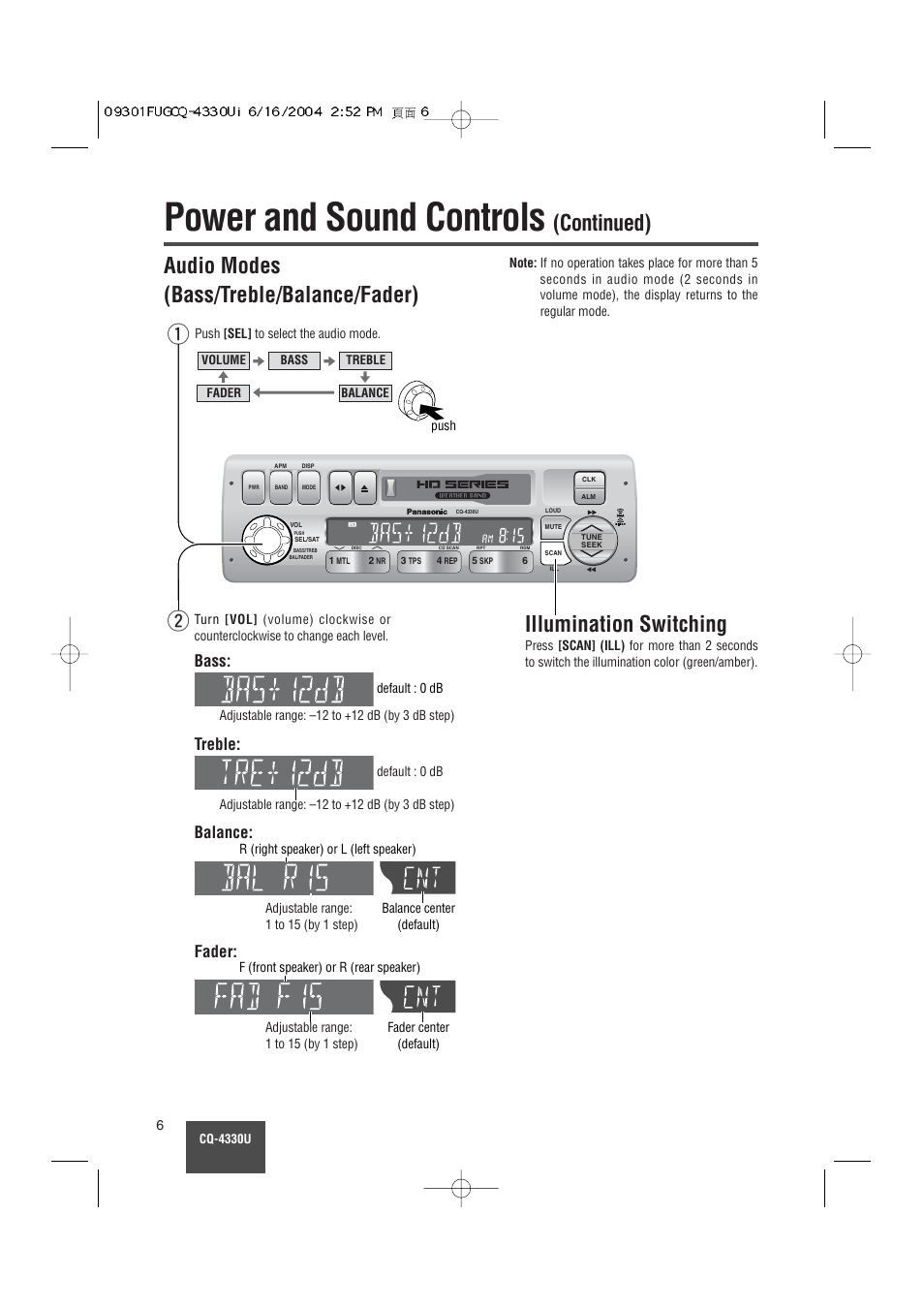 Power and sound controls, Continued) audio modes (bass/treble/balance/fader), Wq illumination switching | Bass, Treble, Balance, Fader | Panasonic CQ-4330U User Manual | Page 6 / 30