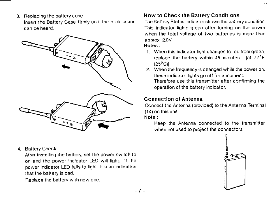 How to check the battery conditions, Connection of antenna | Panasonic WX-RP410 User Manual | Page 10 / 22
