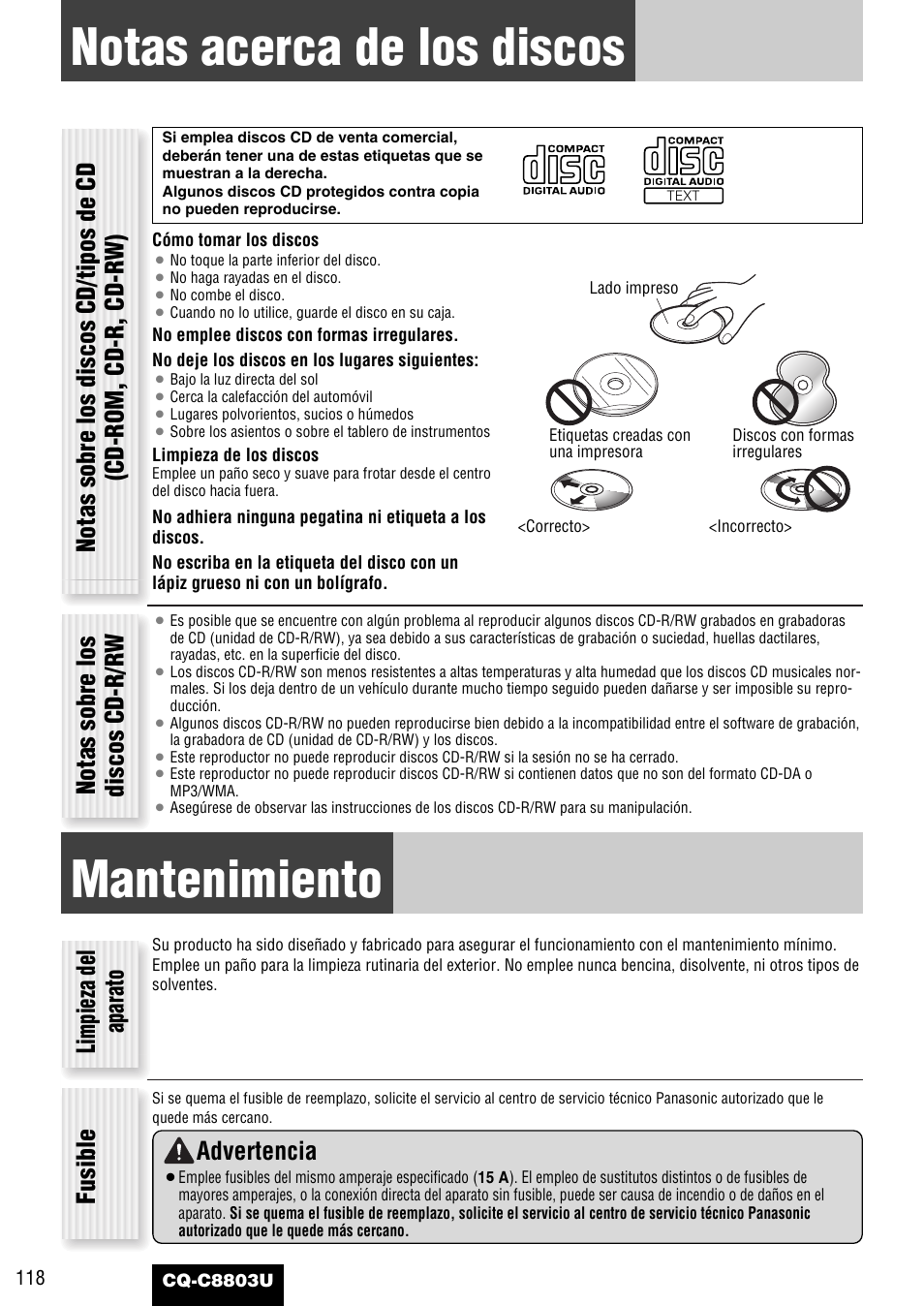Notas acerca de los discos, Mantenimiento, Notas sobre los discos cd-r/rw | Limpieza del aparato fusible, Advertencia | Panasonic CQ-C8803U User Manual | Page 118 / 120