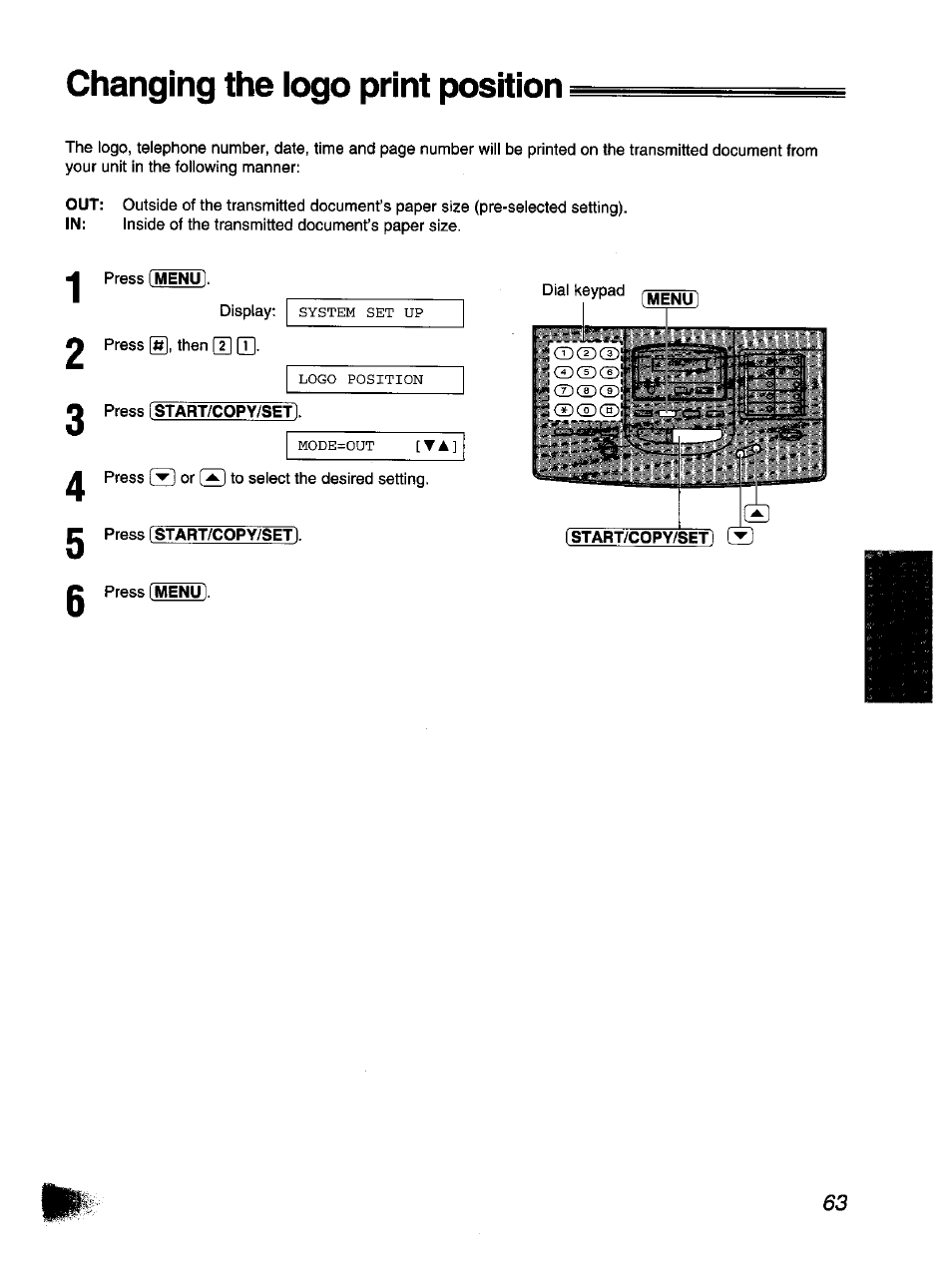 Press istart/copy/set, Press fstart/copy/set), Changing the logo print position | Panasonic KX-F1110NZ User Manual | Page 63 / 110