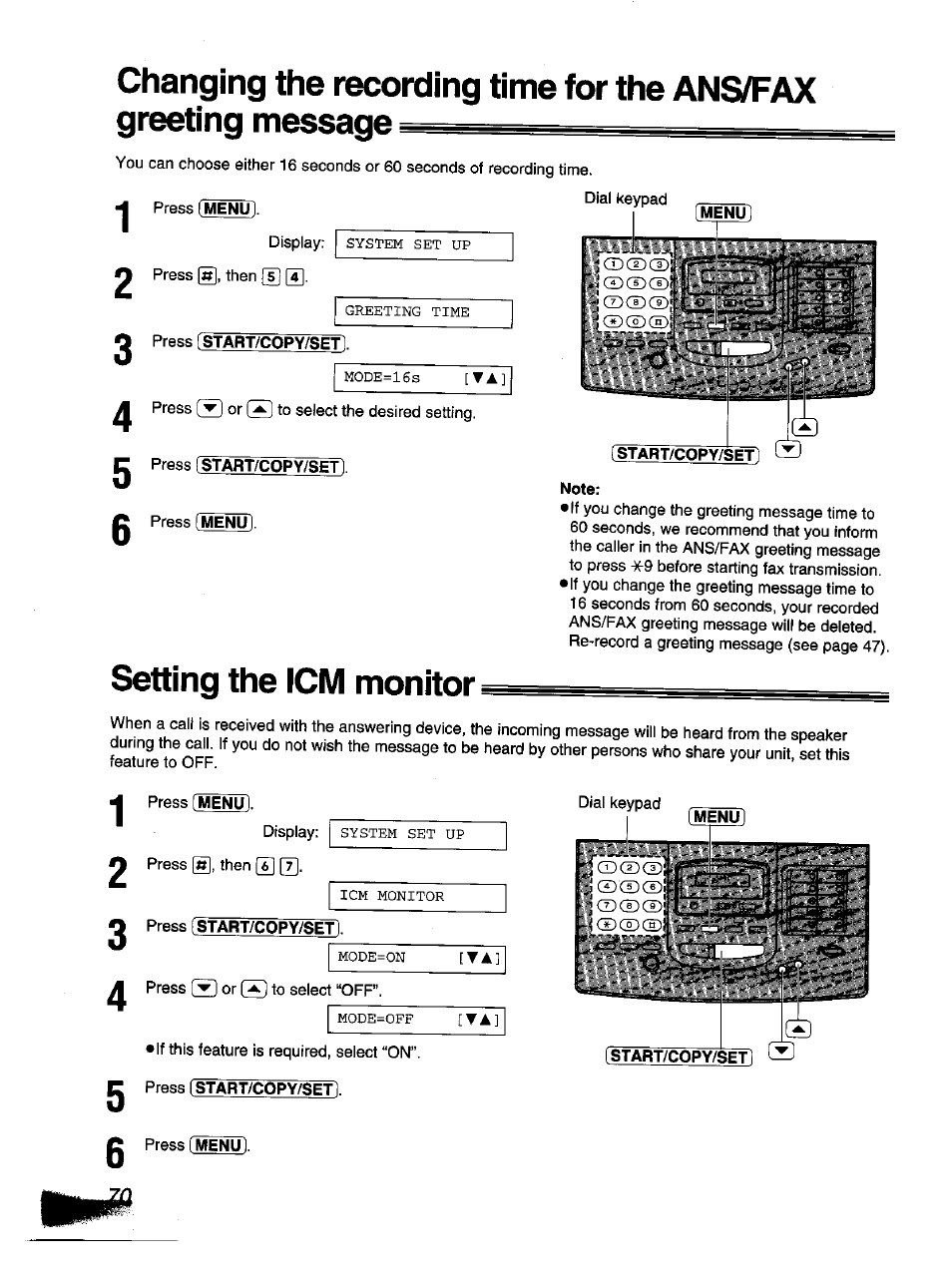 Press start/copy/set, Note, Setting the icm monitor | Panasonic KX-F1110NZ User Manual | Page 68 / 110