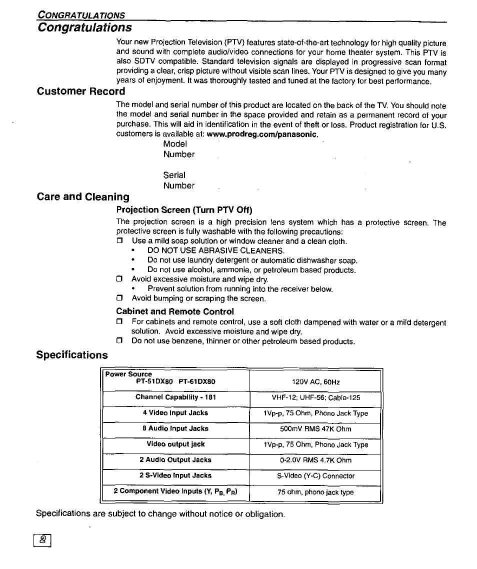 Congratulations, Customer record, Care and cleaning | Specifications, Customer record care and cleaning | Panasonic PT 51DX80 User Manual | Page 4 / 52