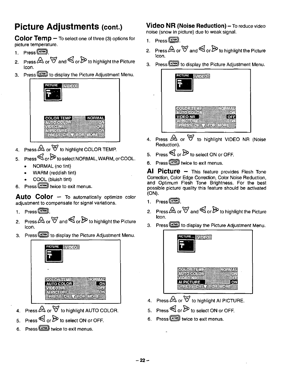Picture adjustments, Cont.) | Panasonic CT-27SF34 User Manual | Page 22 / 40