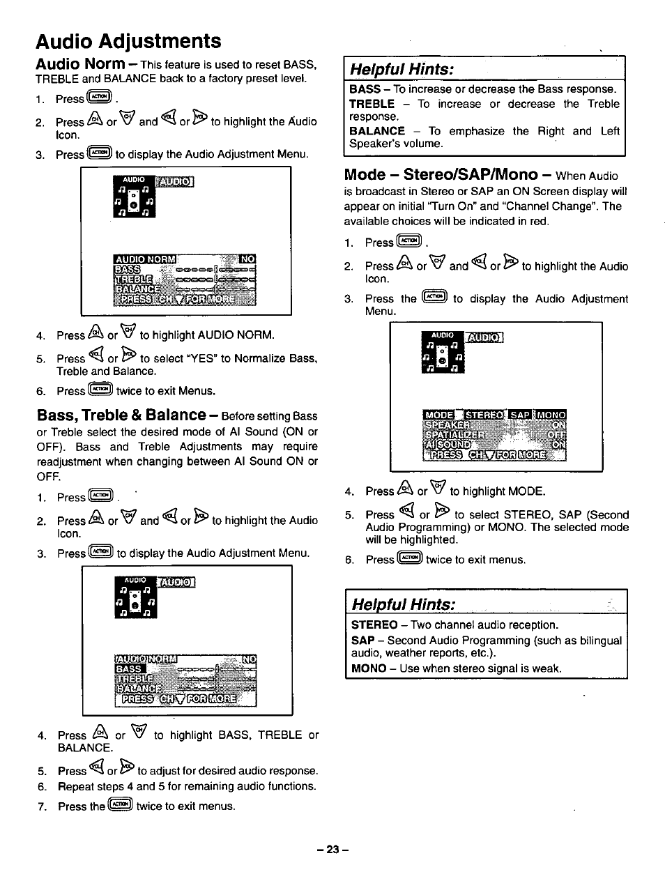Audio adjustments, Helpfui hints, Helpful hints | Audio norm, Bass, treble & balance, Mode - stereo/sap/mono | Panasonic CT-27SF34 User Manual | Page 23 / 40