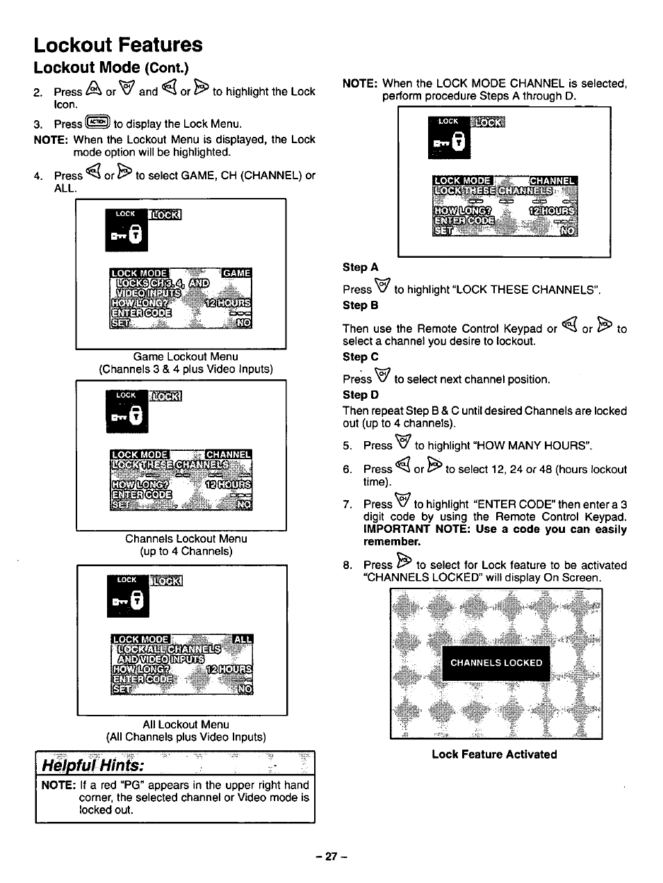 Lockout features, Helpfuf hints, Lockout mode | Panasonic CT-27SF34 User Manual | Page 27 / 40