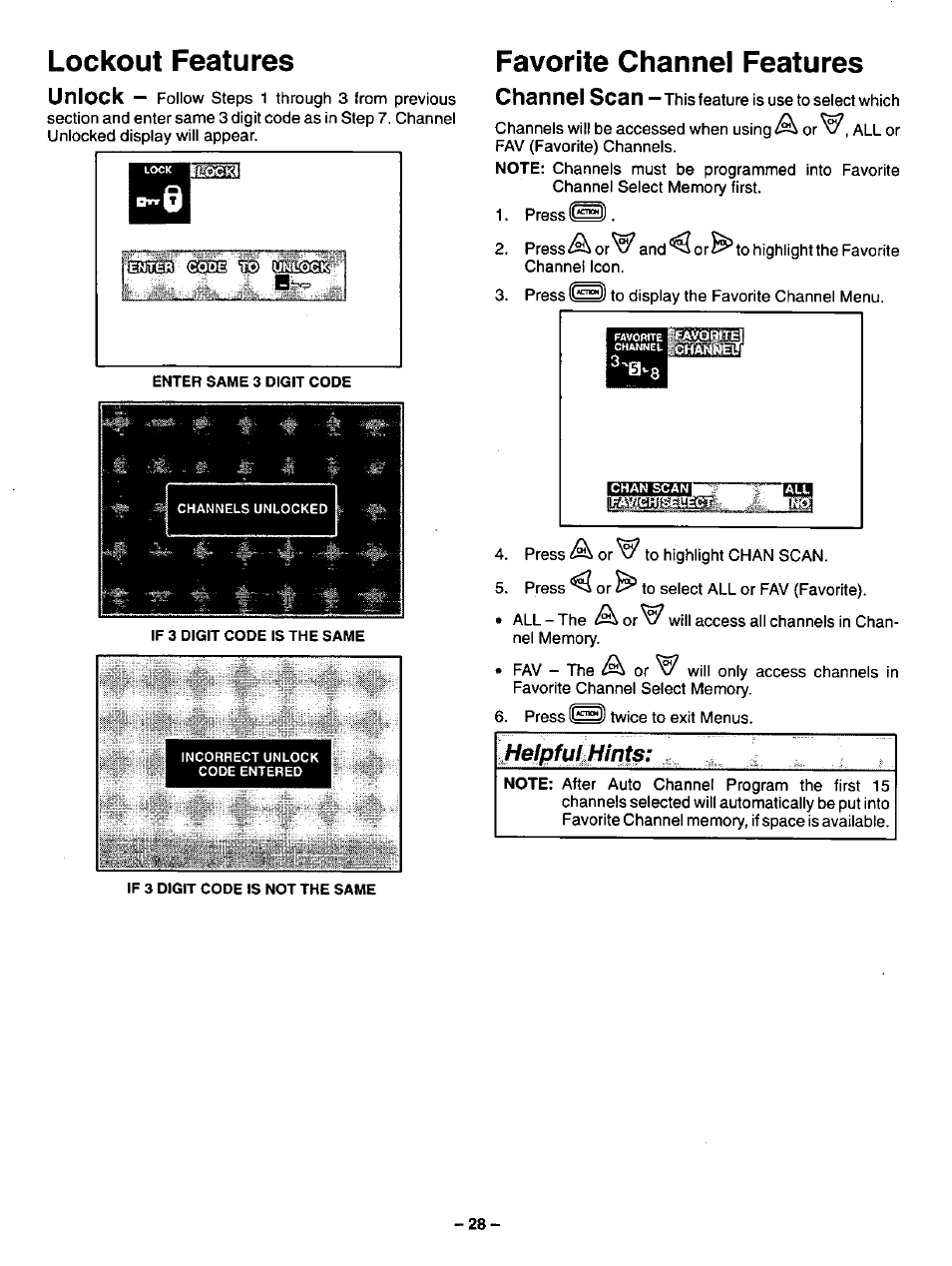 Lockout features, Favorite channel features, Jieipfui^hints | Panasonic CT-27SF34 User Manual | Page 28 / 40