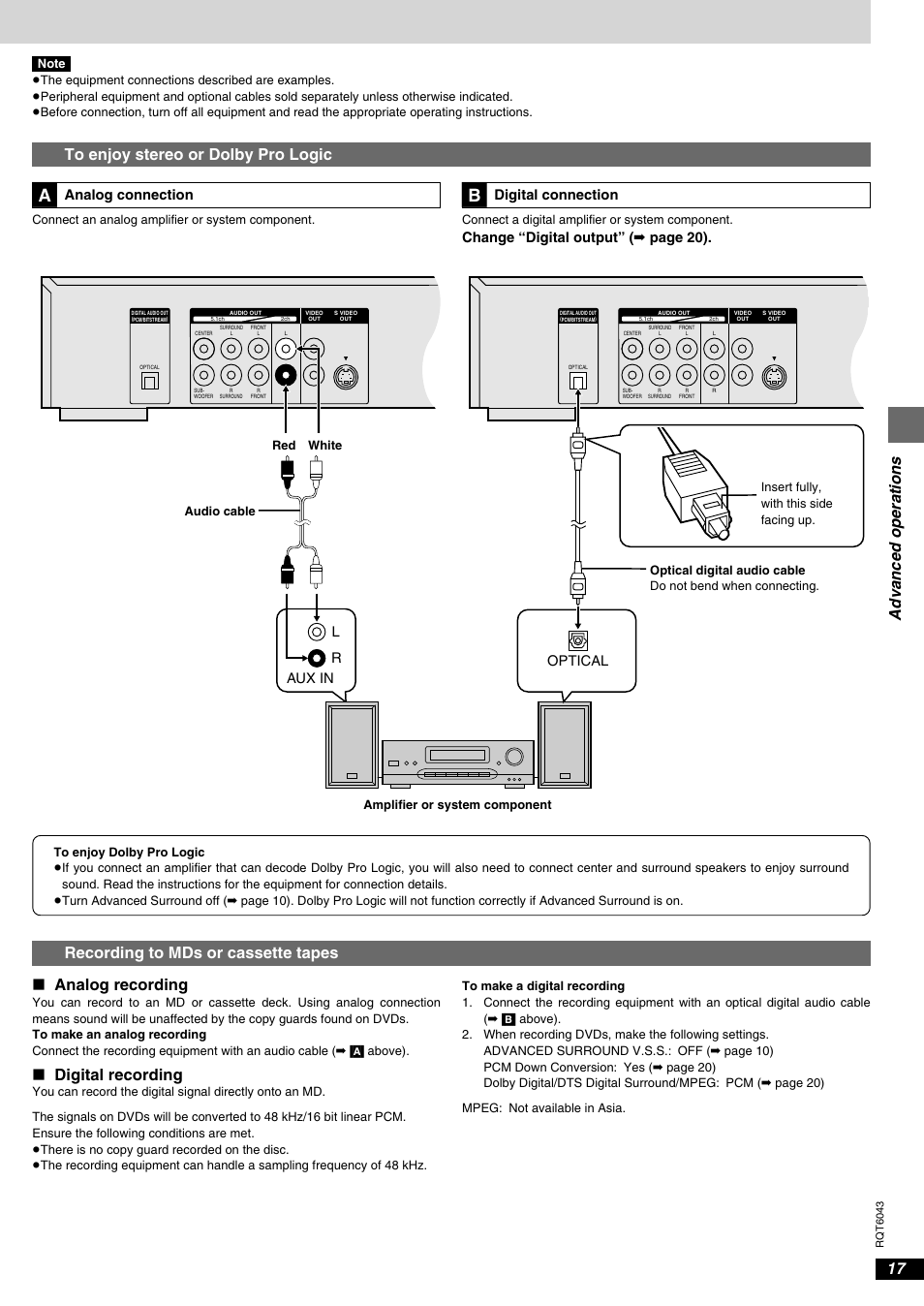 Advanced operations, Recording to mds or cassette tapes, Analog recording | Digital recording, Analog connection, Digital connection, Change “digital output” ( ➡ page 20), Rl aux in optical | Panasonic DVD-RA61 User Manual | Page 17 / 24
