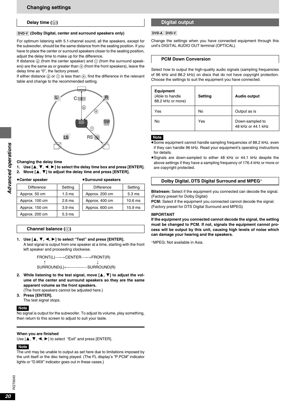 Digital output, Advanced operations, Changing settings digital output | Panasonic DVD-RA61 User Manual | Page 20 / 24