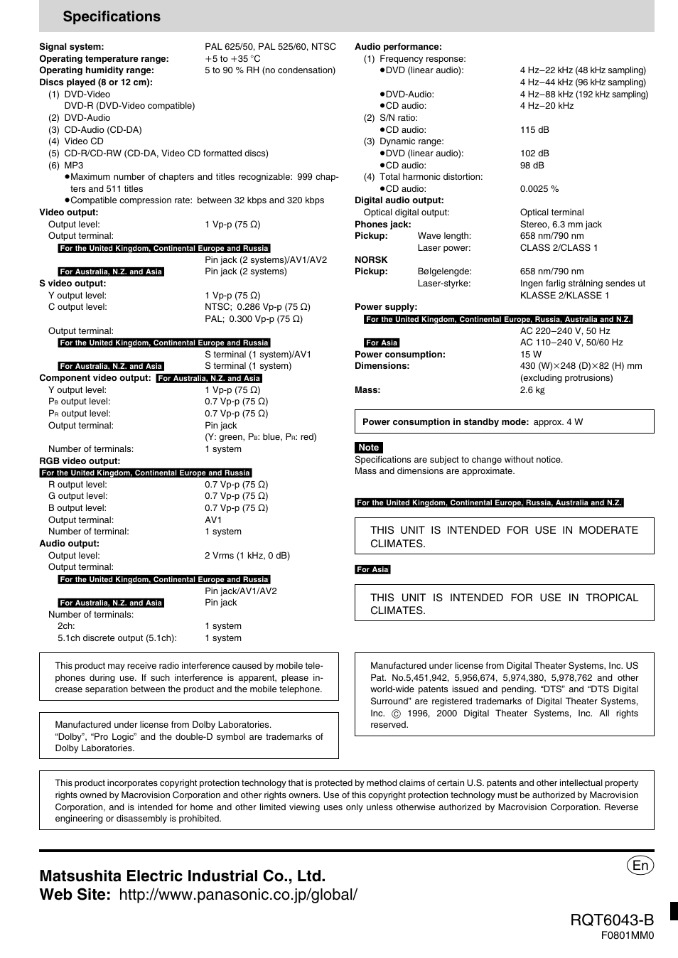 Specifications | Panasonic DVD-RA61 User Manual | Page 24 / 24