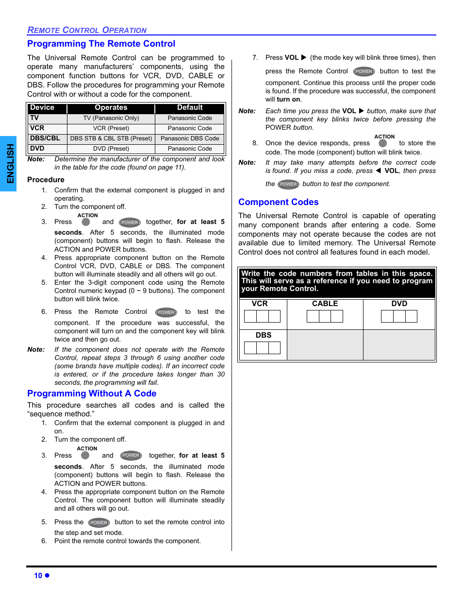 Programming the remote, Programming without a code, Component codes | English programming the remote control | Panasonic CT 32SL14 User Manual | Page 12 / 80