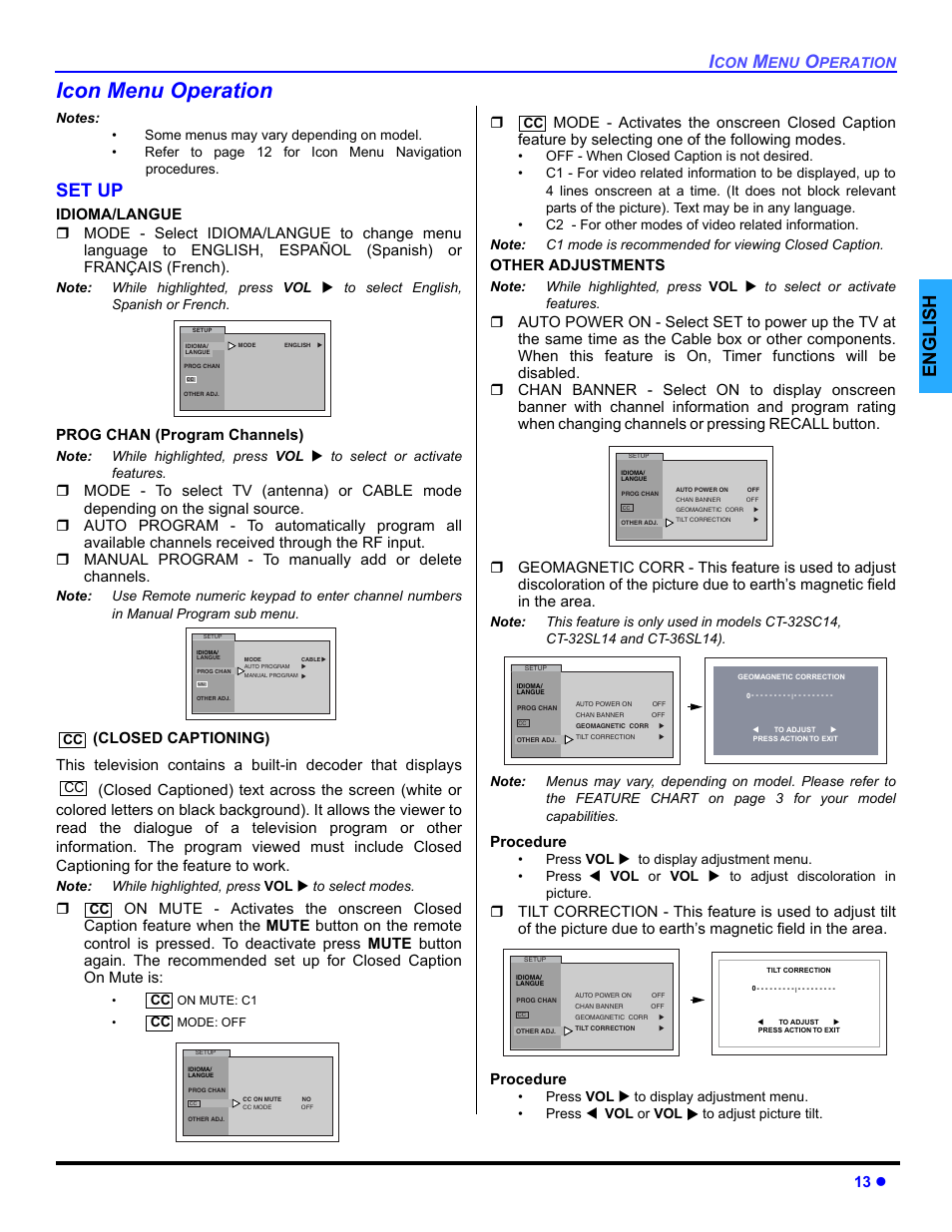 Icon menu operation, Set up, English | 13 z, Prog chan (program channels), Other adjustments, Procedure | Panasonic CT 32SL14 User Manual | Page 15 / 80