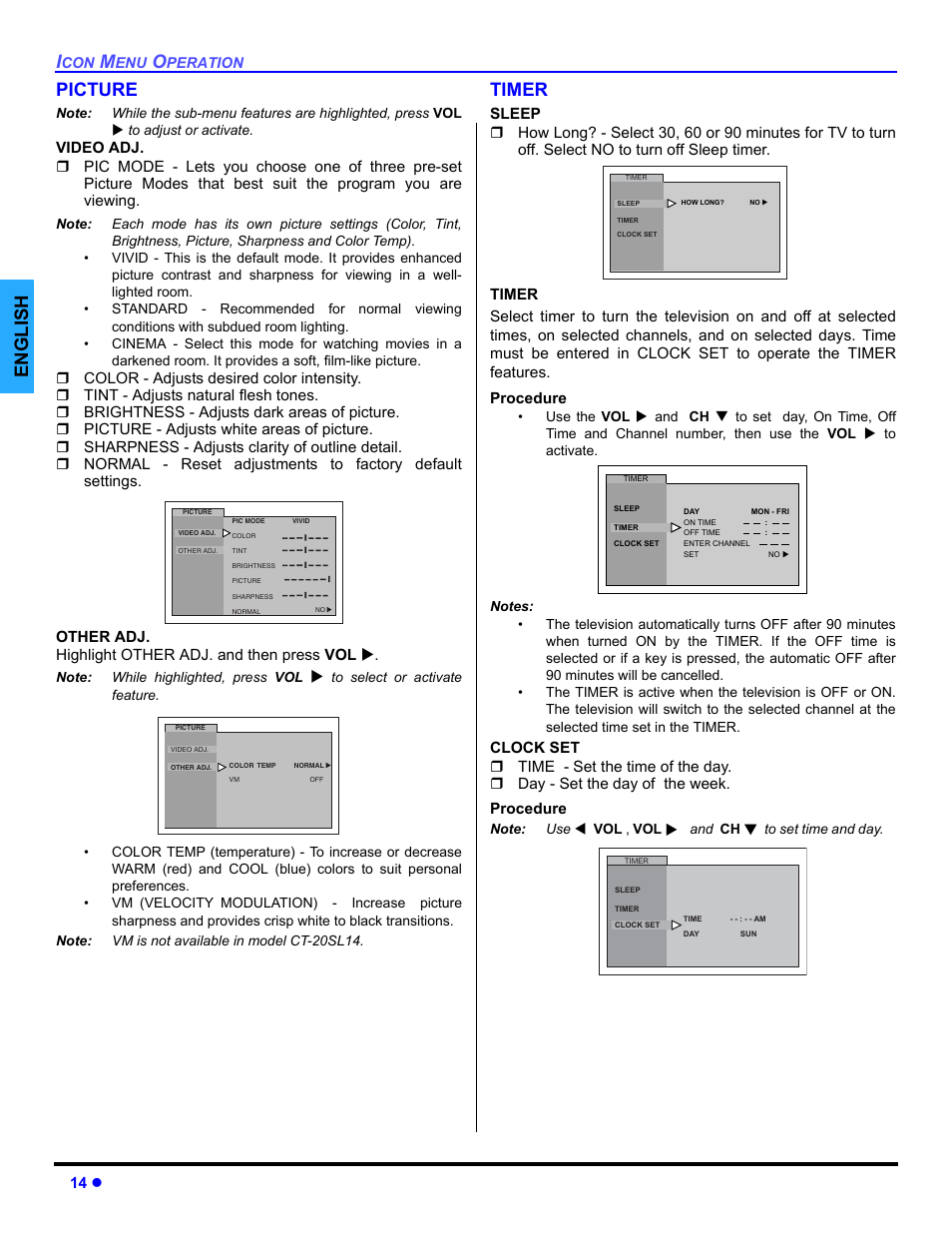Picture, Timer, English picture | 14 z | Panasonic CT 32SL14 User Manual | Page 16 / 80