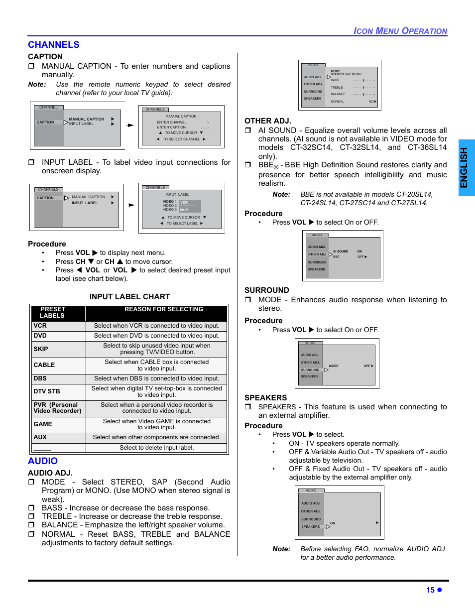 Channels, Audio, English channels | 15 z, Procedure, Speakers, Input label chart | Panasonic CT 32SL14 User Manual | Page 17 / 80