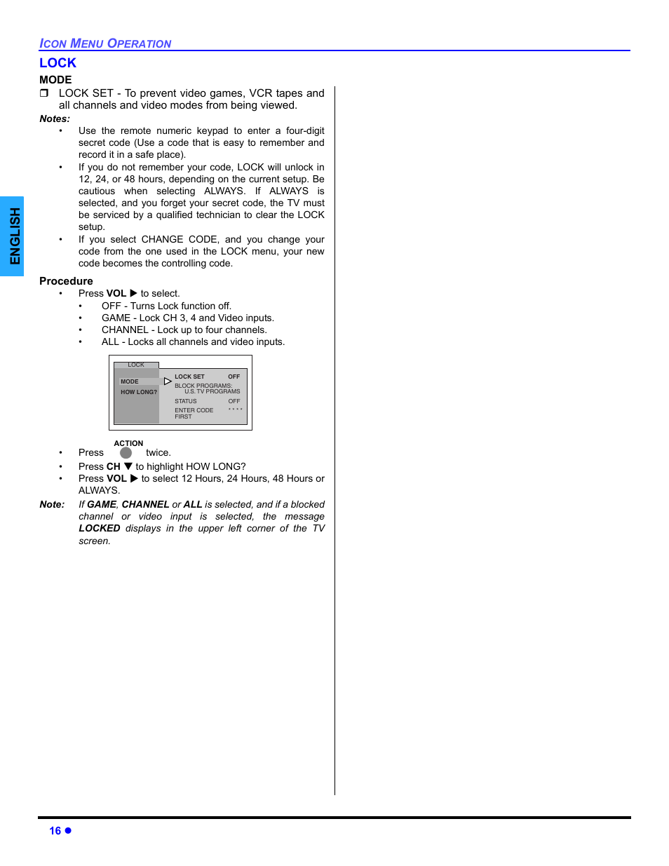 Lock, English lock | Panasonic CT 32SL14 User Manual | Page 18 / 80