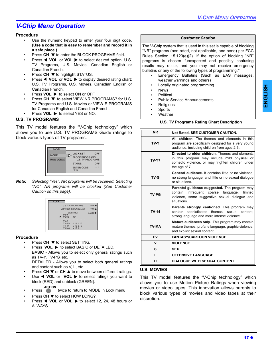 V-chip menu operation, English | Panasonic CT 32SL14 User Manual | Page 19 / 80