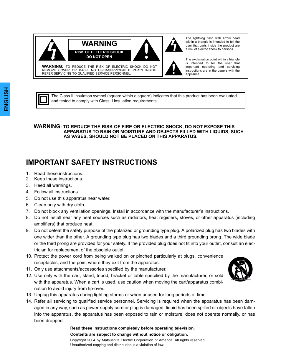 Warning, Important safety instructions, English | Panasonic CT 32SL14 User Manual | Page 2 / 80