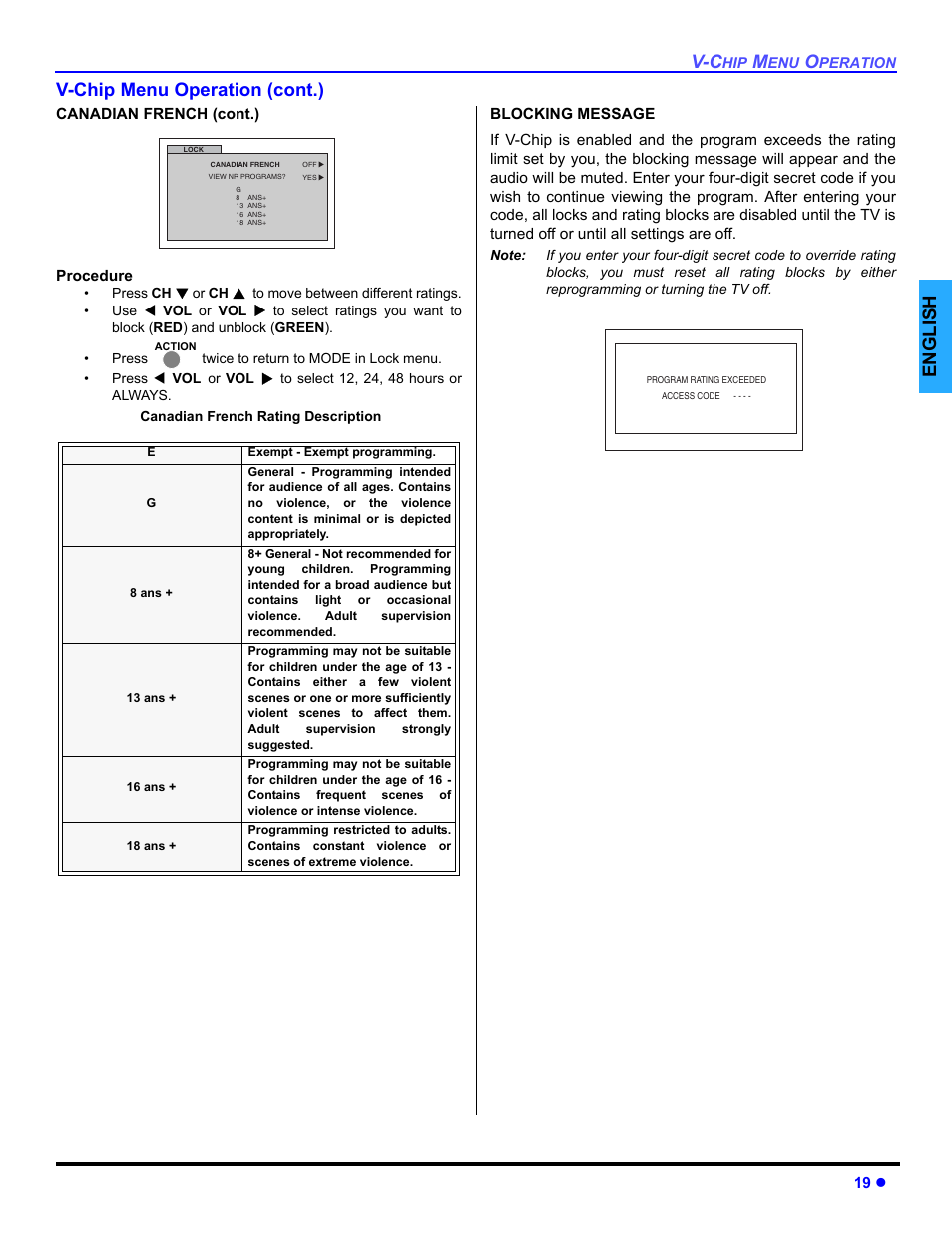 English v-chip menu operation (cont.) | Panasonic CT 32SL14 User Manual | Page 21 / 80